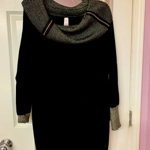 Ladies Black Sweater Dress. Metallic Gold turtleneck with gold zipper.